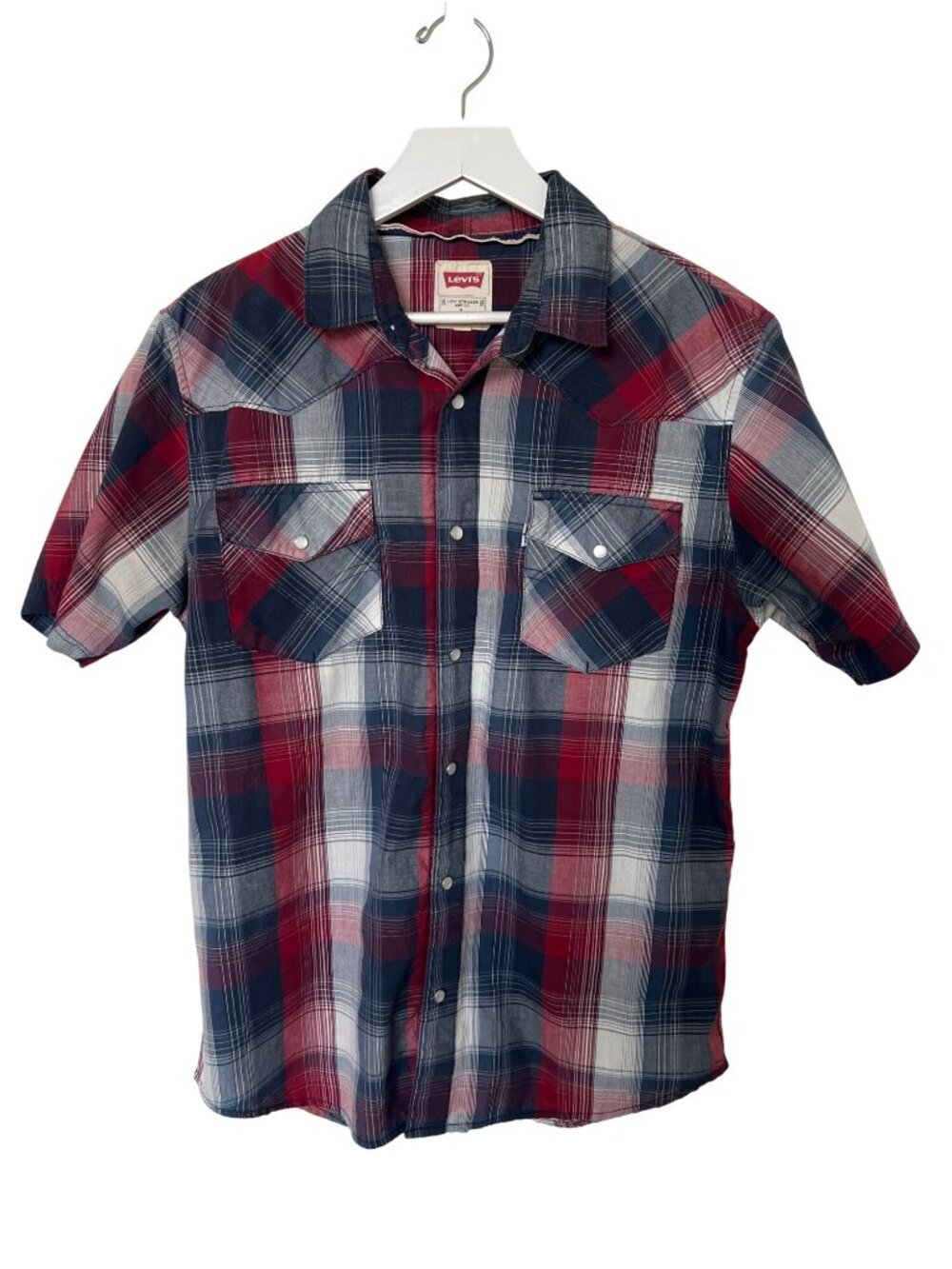 Levis Mens Red & Blue Plaid Western Shirt Snap Button Closure